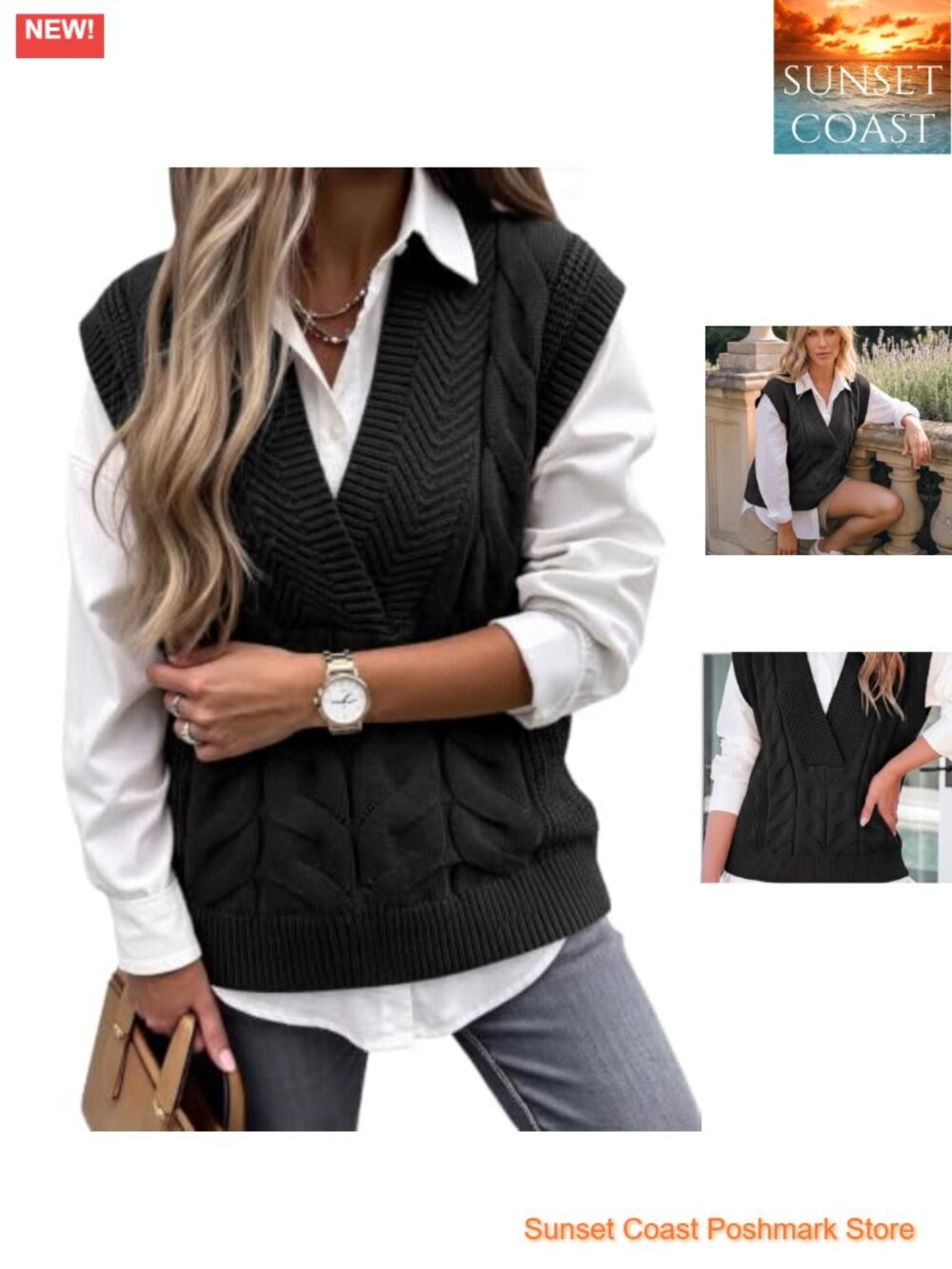 Dokotoo V Neck Sweater Vest Womens Sleeveless Oversized Lightweight Cable Knit
